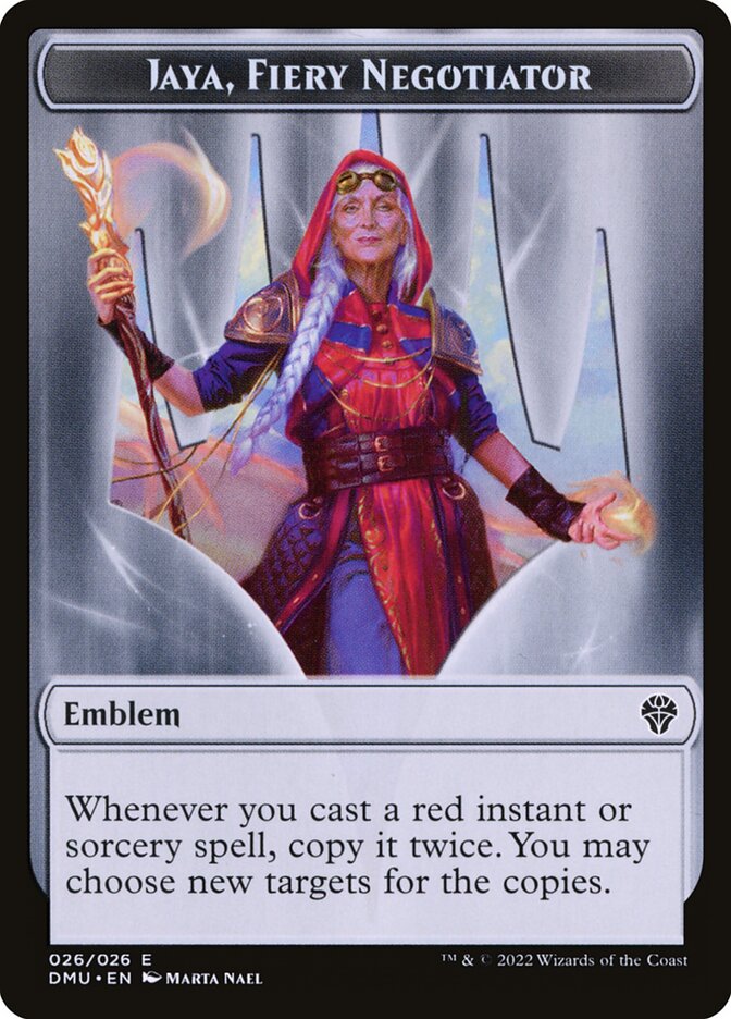 Jaya, Fiery Negotiator Emblem, Dominaria United Tokens · 026
