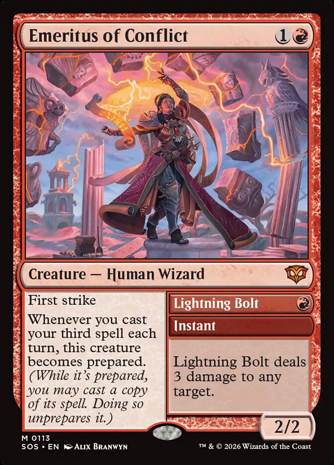 Emeritus of Conflict // Lightning Bolt, Secrets of Strixhaven · 0113