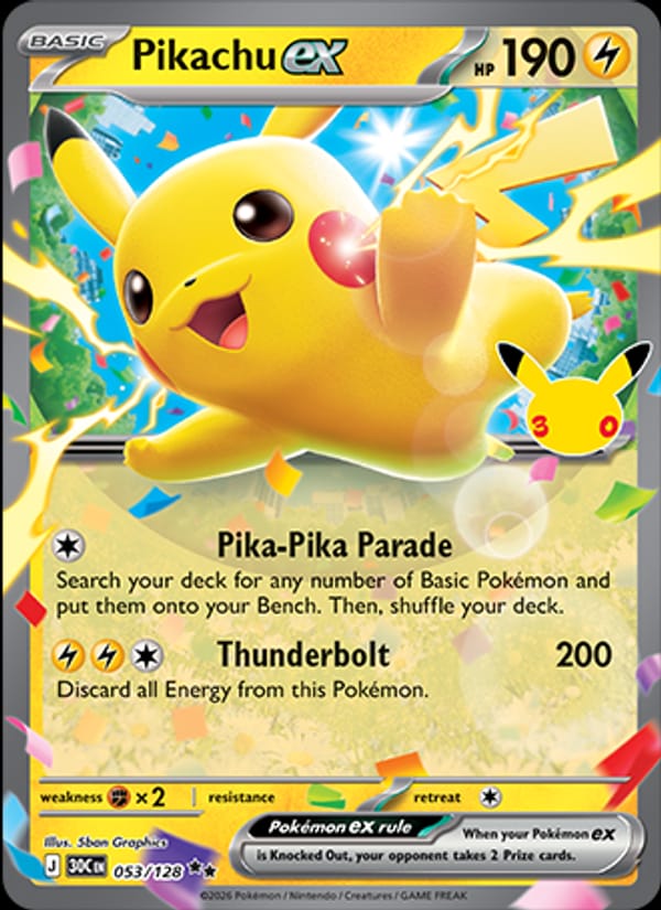 Pikachu ex, ME: 30th Celebration · 053/128