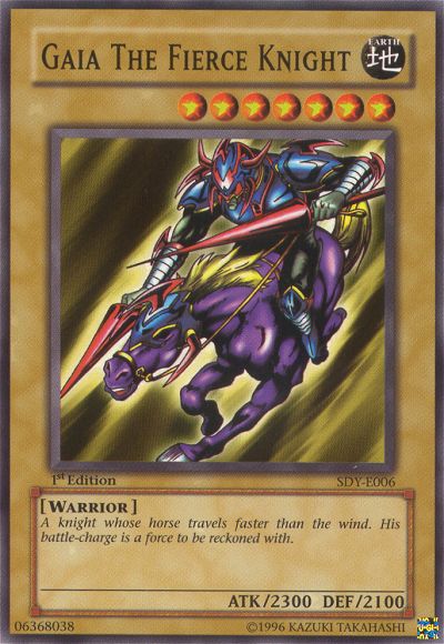 Gaia The Fierce Knight, Summoned Skull Sample promotional card · SDY-E006