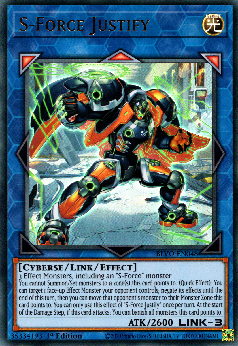 S-Force Justify, Blazing Vortex Premiere! promotional card · BLVO-EN048