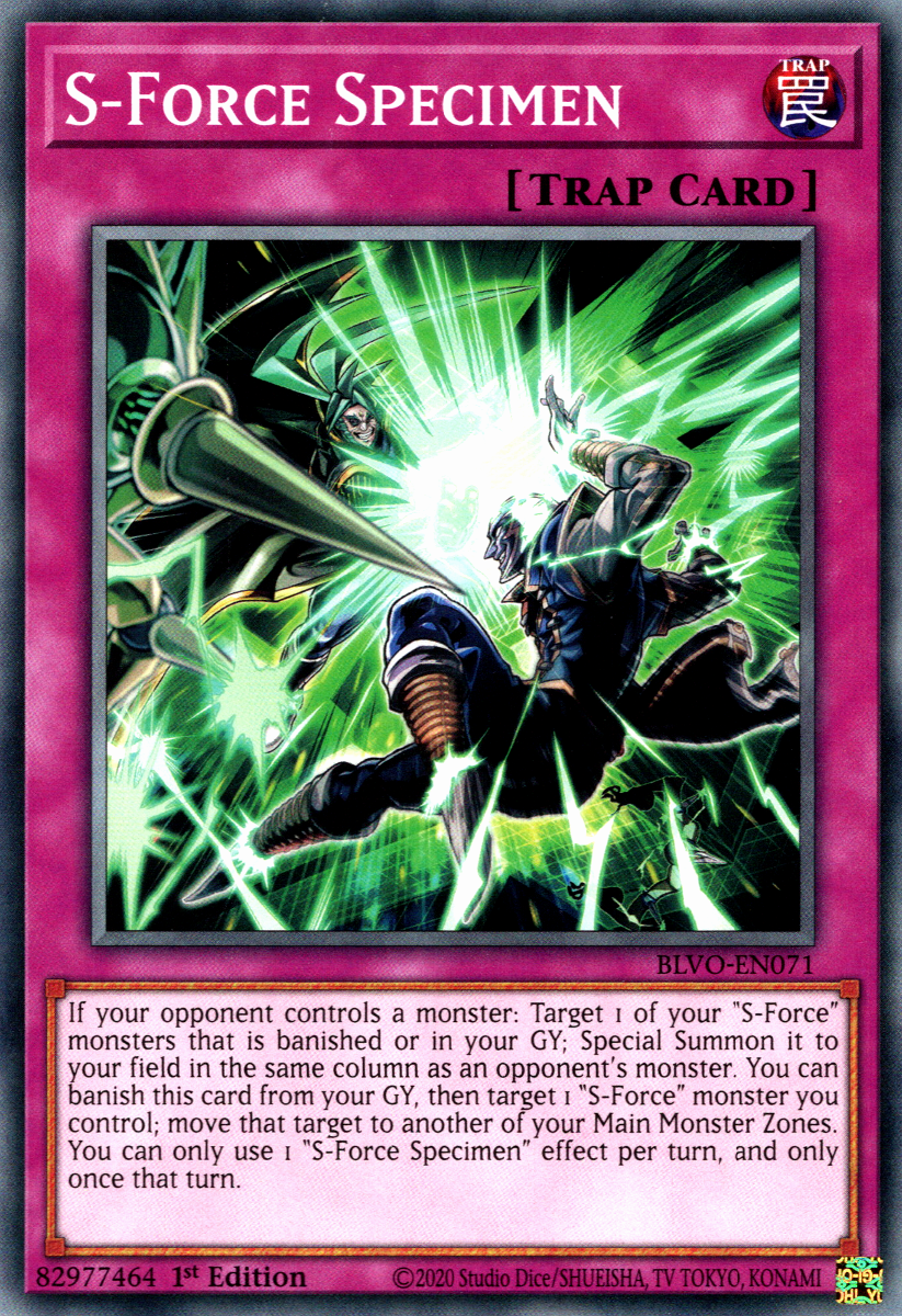 S-Force Specimen, Blazing Vortex Premiere! promotional card · BLVO-EN071