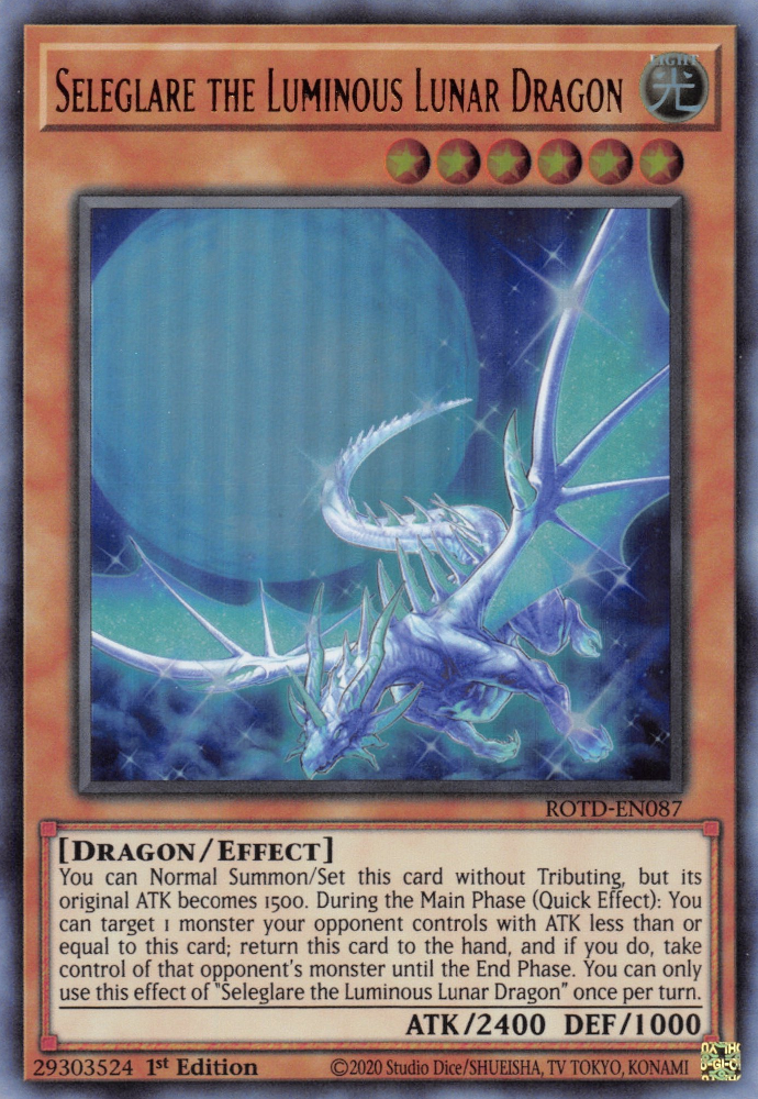 Seleglare the Luminous Lunar Dragon, Rise of the Duelist Premiere! promotional card · ROTD-EN087