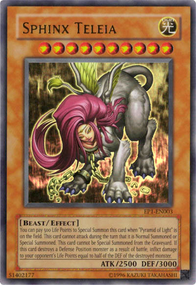 Sphinx Teleia, Kids WB Duel of Destiny promotional card · EP1-EN003