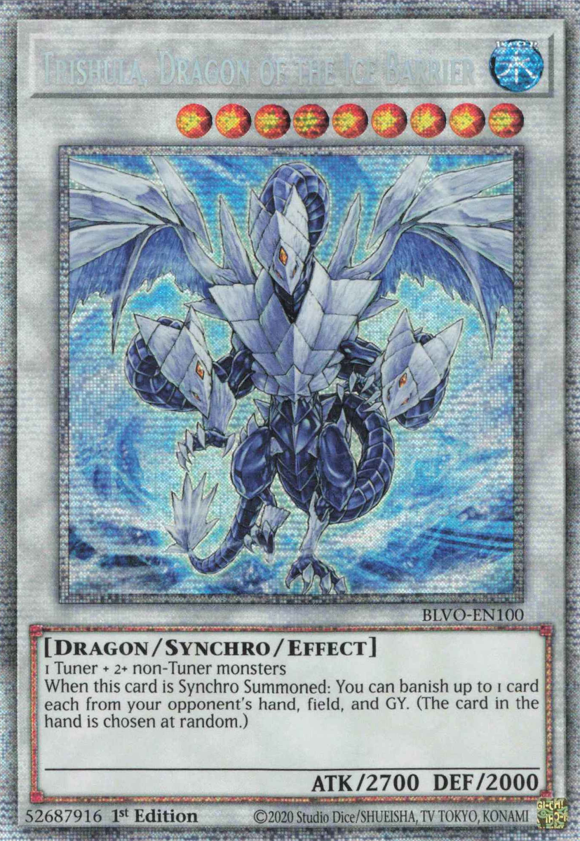 Trishula, Dragon of the Ice Barrier, Blazing Vortex Premiere! promotional card · BLVO-EN100