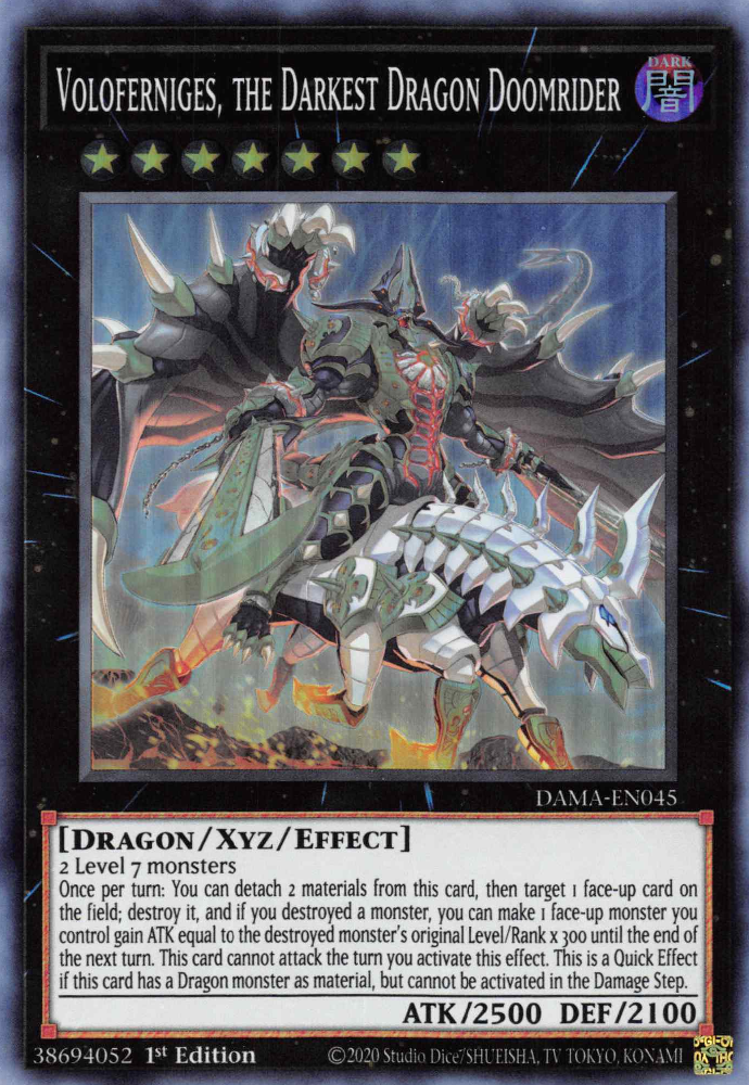 Voloferniges, the Darkest Dragon Doomrider, Dawn of Majesty Premiere! promotional card · DAMA-EN045
